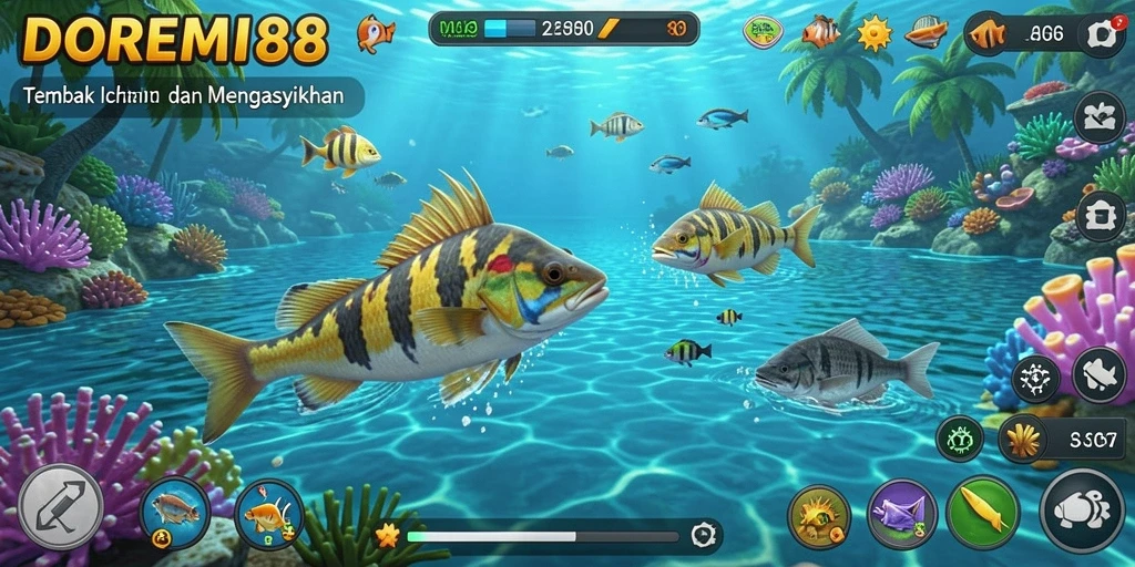 Screenshot DOREMI88 menampilkan aksi seru dalam permainan Tembak Ikan.