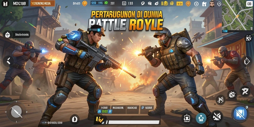 Screenshot gameplay MDG188 menampilkan pertarungan intens dalam arena Battle Royale.