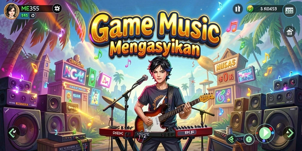 Tampilan gameplay seru dari ME355 dengan efek musik yang dinamis.
