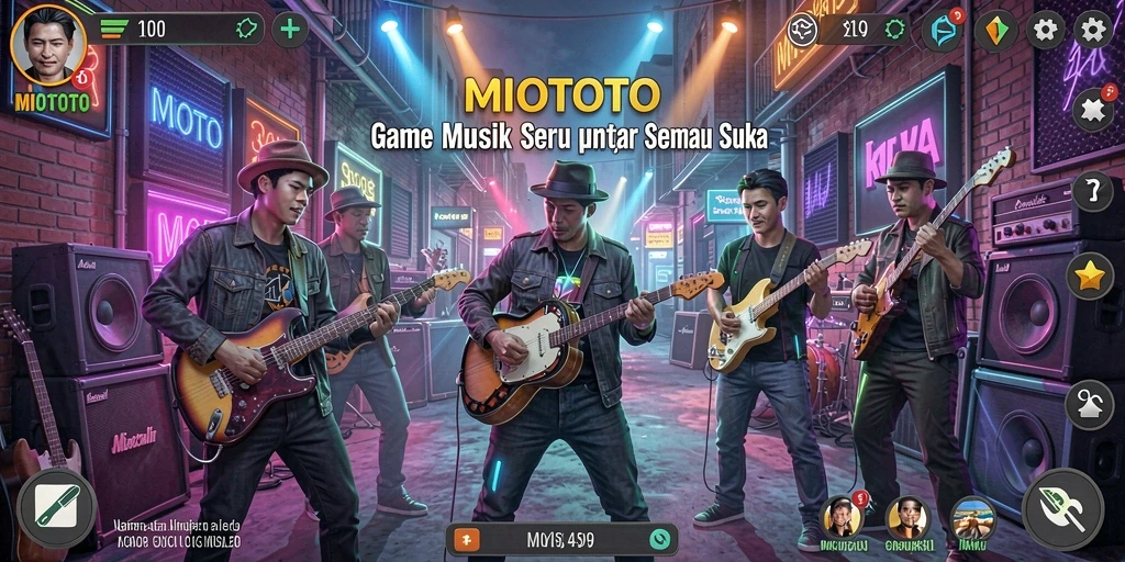 Screenshot utama MIOTOTO menampilkan pemain beraksi menyanyikan lagu.