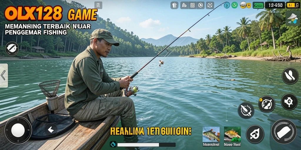 Tampilan gameplay OLX128 yang menarik saat memancing di danau.