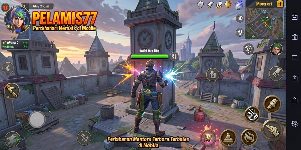 Tampilan gameplay menarik di PELAMIS77 yang menunjukkan pertahanan menara.