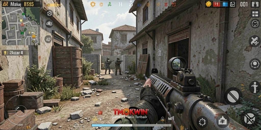 Tangkapan layar utama TMOKWIN menampilkan aksi gameplay FPS yang mendebarkan.